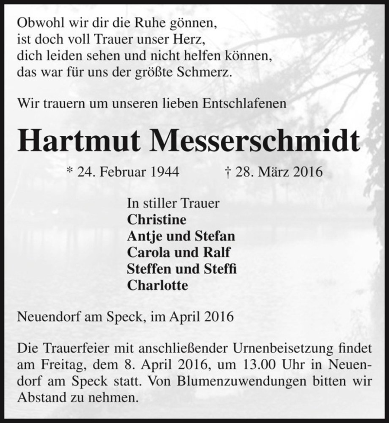  Traueranzeige für Hartmut Messerschmidt  vom 01.04.2016 aus Magdeburger Volksstimme