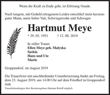 Traueranzeige von Hartmut Meye  von Magdeburger Volksstimme