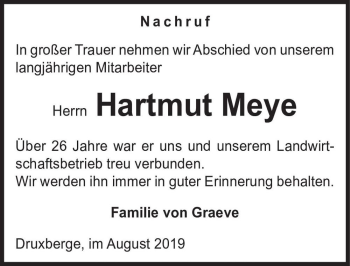 Traueranzeige von Hartmut Meye  von Magdeburger Volksstimme