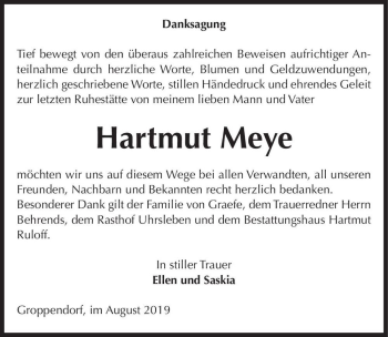 Traueranzeige von Hartmut Meye  von Magdeburger Volksstimme