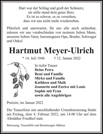 Traueranzeige von Hartmut Meyer-Ulrich  von Magdeburger Volksstimme