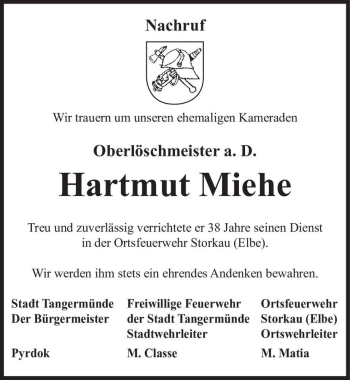 Traueranzeige von Hartmut Miehe  von Magdeburger Volksstimme