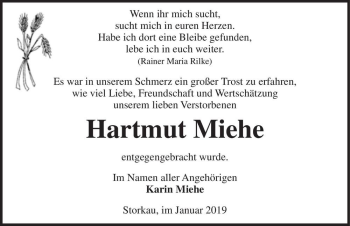 Traueranzeige von Hartmut Miehe  von Magdeburger Volksstimme