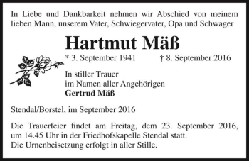 Traueranzeige von Hartmut Mäß  von Magdeburger Volksstimme