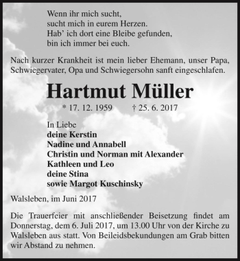 Traueranzeige von Hartmut Müller  von Magdeburger Volksstimme