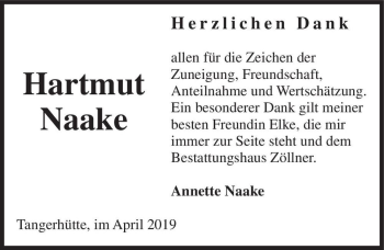 Traueranzeige von Hartmut Naake  von Magdeburger Volksstimme