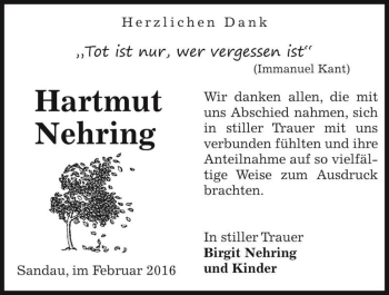 Traueranzeige von Hartmut Nehring  von Magdeburger Volksstimme