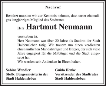 Traueranzeige von Hartmut Neumann  von Magdeburger Volksstimme