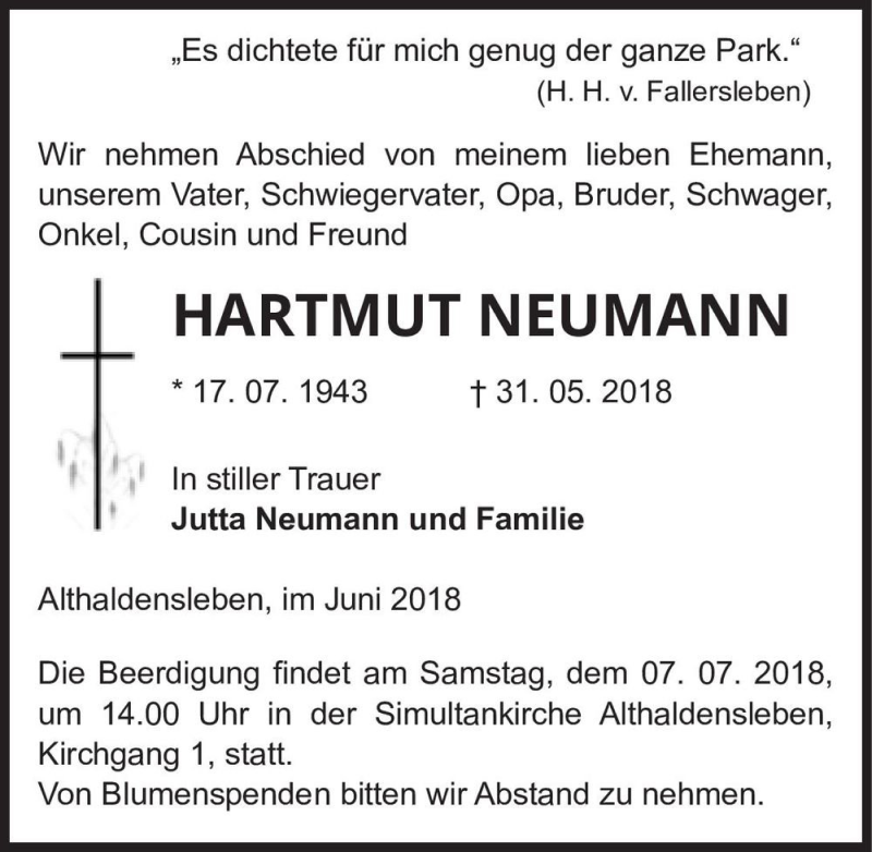  Traueranzeige für Hartmut Neumann  vom 30.06.2018 aus Magdeburger Volksstimme