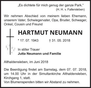 Traueranzeige von Hartmut Neumann  von Magdeburger Volksstimme