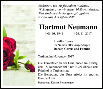 Traueranzeige von Hartmut Neumann  von Magdeburger Volksstimme