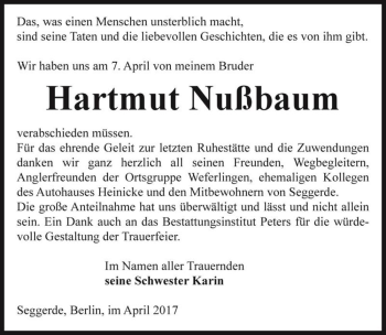 Traueranzeige von Hartmut Nußbaum  von Magdeburger Volksstimme