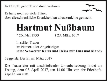 Traueranzeige von Hartmut Nußbaum  von Magdeburger Volksstimme