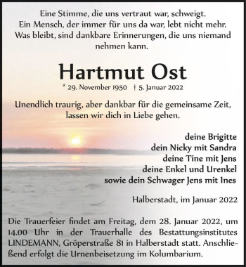 Traueranzeige von Hartmut Ost  von Magdeburger Volksstimme