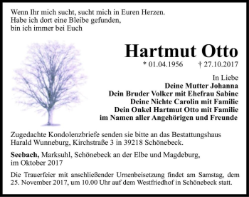 Traueranzeige von Hartmut Otto  von Magdeburger Volksstimme