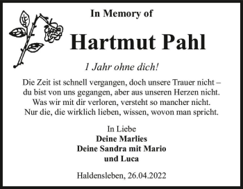 Traueranzeige von Hartmut Pahl  von Magdeburger Volksstimme