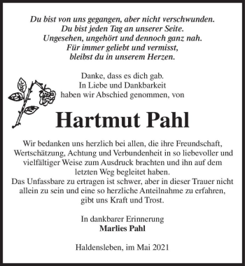 Traueranzeige von Hartmut Pahl  von Magdeburger Volksstimme