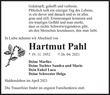 Traueranzeige von Hartmut Pahl  von Magdeburger Volksstimme
