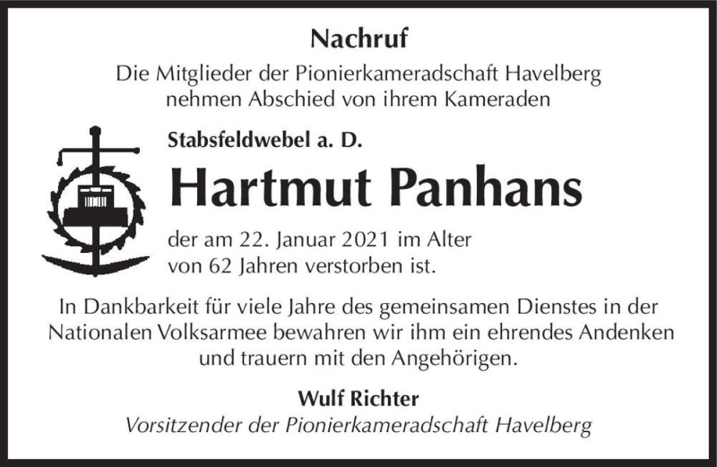  Traueranzeige für Hartmut Panhans  vom 29.01.2021 aus Magdeburger Volksstimme
