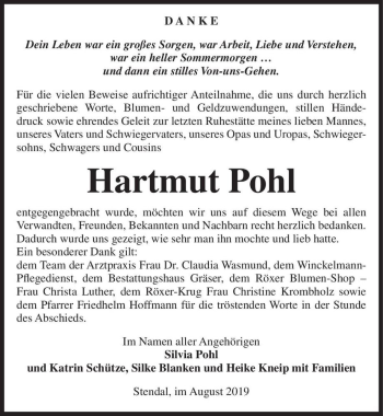 Traueranzeige von Hartmut Pohl  von Magdeburger Volksstimme