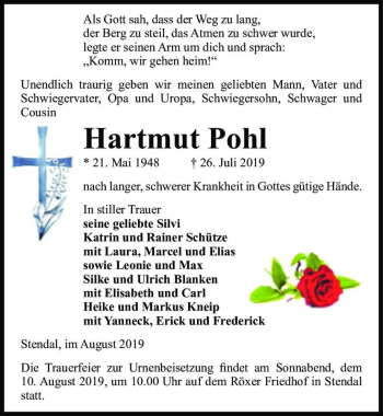 Traueranzeige von Hartmut Pohl  von Magdeburger Volksstimme