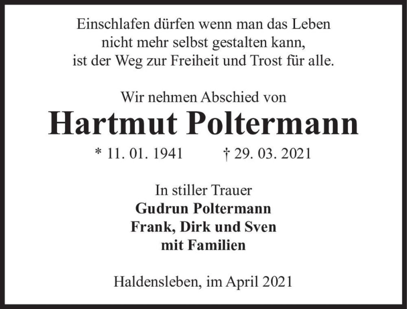  Traueranzeige für Hartmut Poltermann  vom 03.04.2021 aus Magdeburger Volksstimme