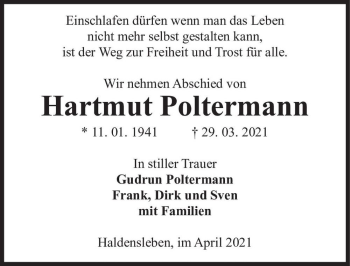Traueranzeige von Hartmut Poltermann  von Magdeburger Volksstimme