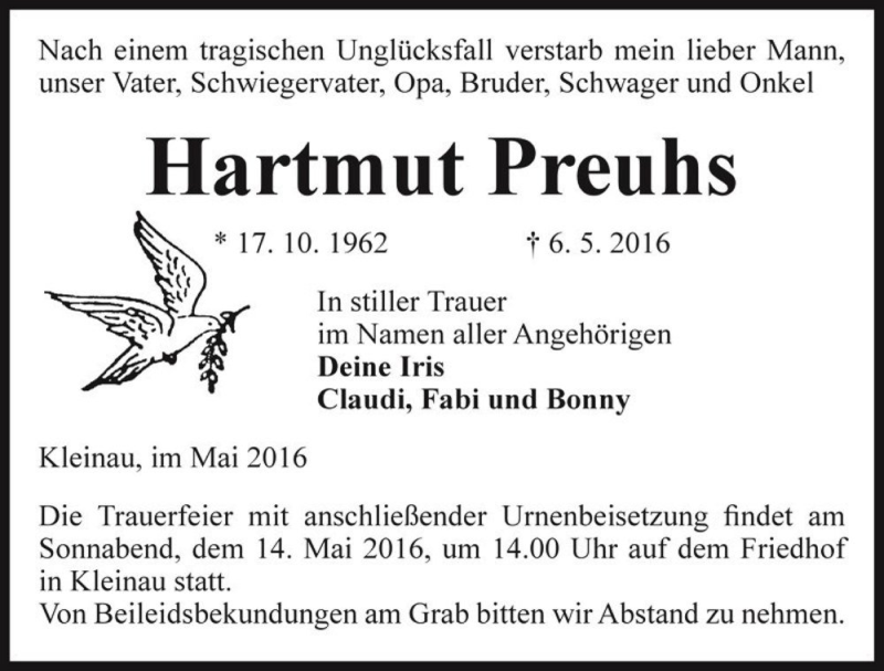  Traueranzeige für Hartmut Preuhs  vom 11.05.2016 aus Magdeburger Volksstimme