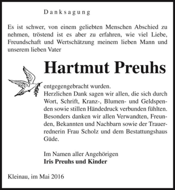 Traueranzeige von Hartmut Preuhs  von Magdeburger Volksstimme