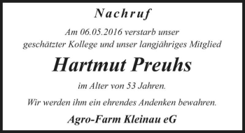Traueranzeige von Hartmut Preuhs  von Magdeburger Volksstimme