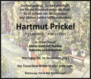 Traueranzeige von Hartmut Prickel  von Magdeburger Volksstimme