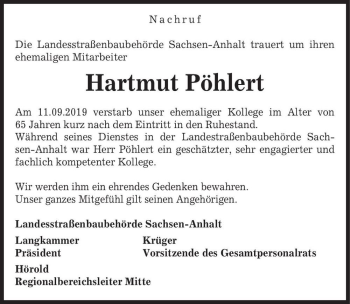 Traueranzeige von Hartmut Pöhlert  von Magdeburger Volksstimme