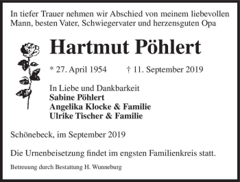 Traueranzeige von Hartmut Pöhlert  von Magdeburger Volksstimme