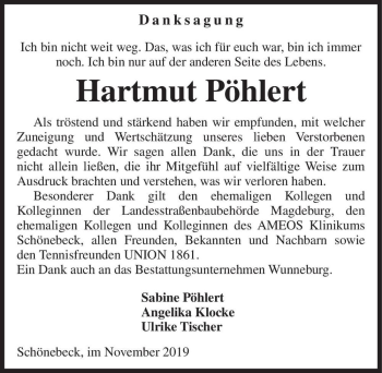 Traueranzeige von Hartmut Pöhlert  von Magdeburger Volksstimme