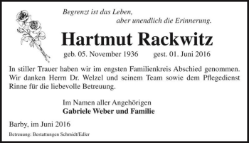 Traueranzeige von Hartmut Rackwitz  von Magdeburger Volksstimme