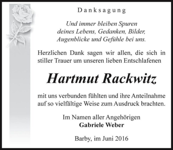 Traueranzeige von Hartmut Rackwitz  von Magdeburger Volksstimme