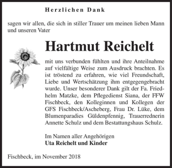 Traueranzeige von Hartmut Reichelt  von Magdeburger Volksstimme