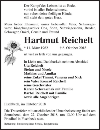 Traueranzeige von Hartmut Reichelt  von Magdeburger Volksstimme