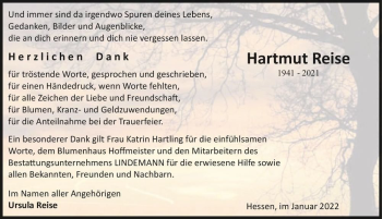 Traueranzeige von Hartmut Reise  von Magdeburger Volksstimme