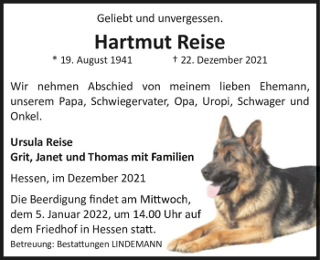 Traueranzeige von Hartmut Reise  von Magdeburger Volksstimme