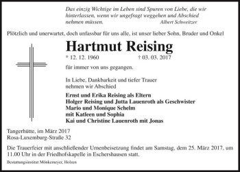 Traueranzeige von Hartmut Reising  von Magdeburger Volksstimme