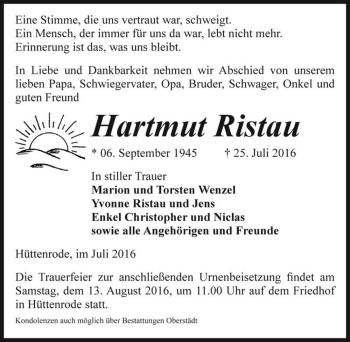 Traueranzeige von Hartmut Ristau  von Magdeburger Volksstimme