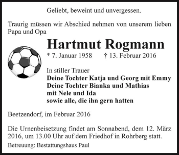 Traueranzeige von Hartmut Rogmann  von Magdeburger Volksstimme
