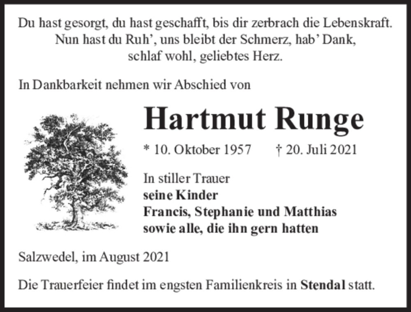  Traueranzeige für Hartmut Runge  vom 04.08.2021 aus Magdeburger Volksstimme