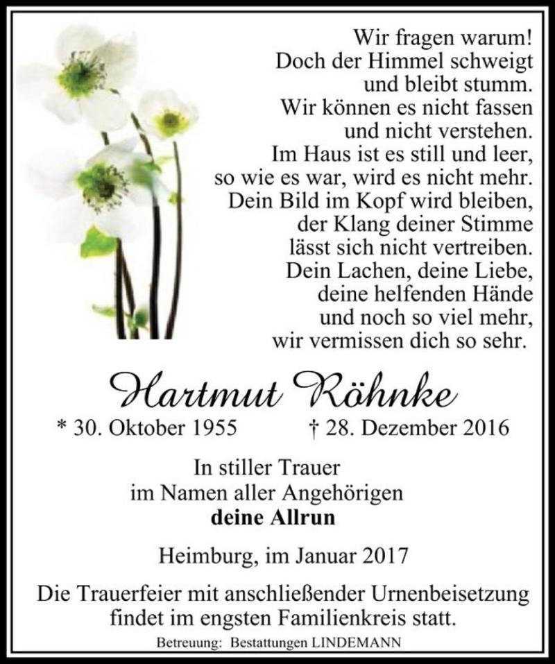  Traueranzeige für Hartmut Röhnke  vom 07.01.2017 aus Magdeburger Volksstimme