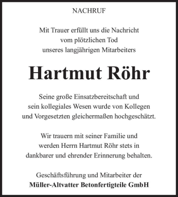 Traueranzeige von Hartmut Röhr  von Magdeburger Volksstimme