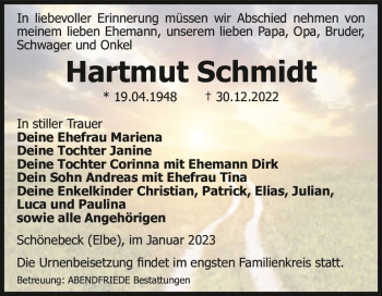 Traueranzeige von Hartmut Schmidt  von Magdeburger Volksstimme