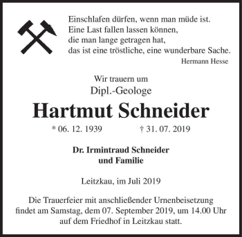 Traueranzeige von Hartmut Schneider  von Magdeburger Volksstimme