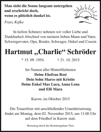 Traueranzeige von Hartmut Schröder 