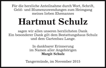 Traueranzeige von Hartmut Schulz  von Magdeburger Volksstimme